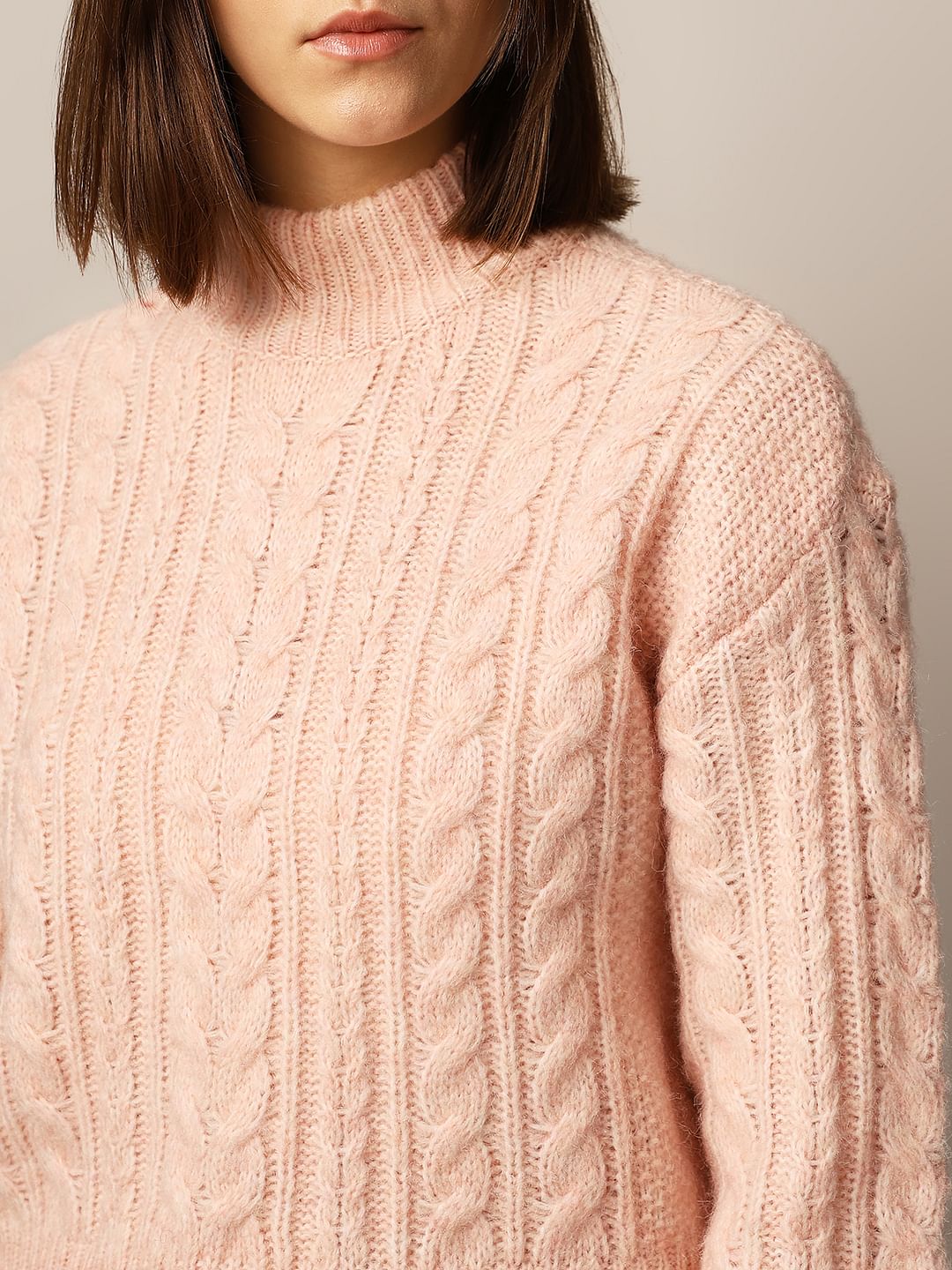 Pink Cable Knit High Neck Pullover