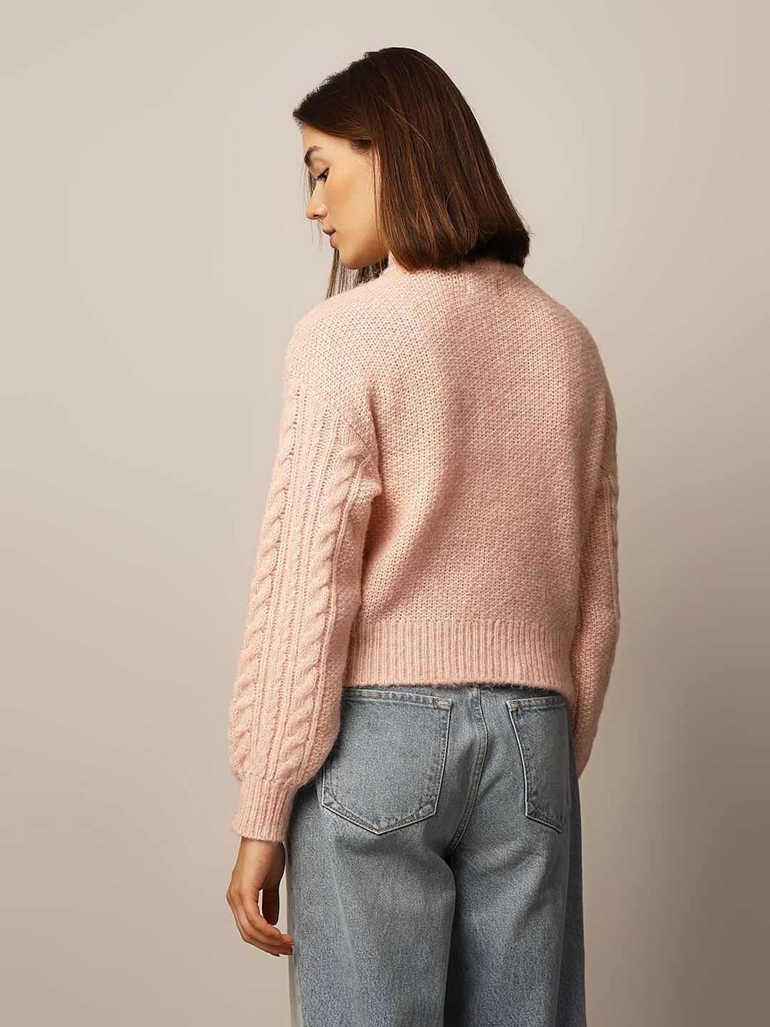 Pink Cable Knit High Neck Pullover