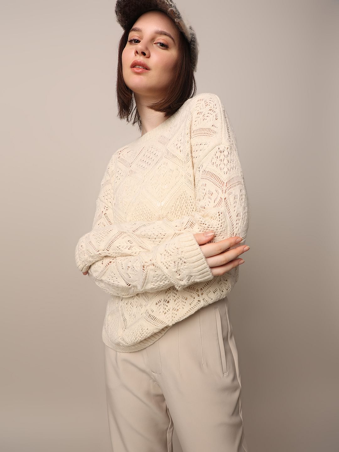 Beige Crochet Knit Pullover