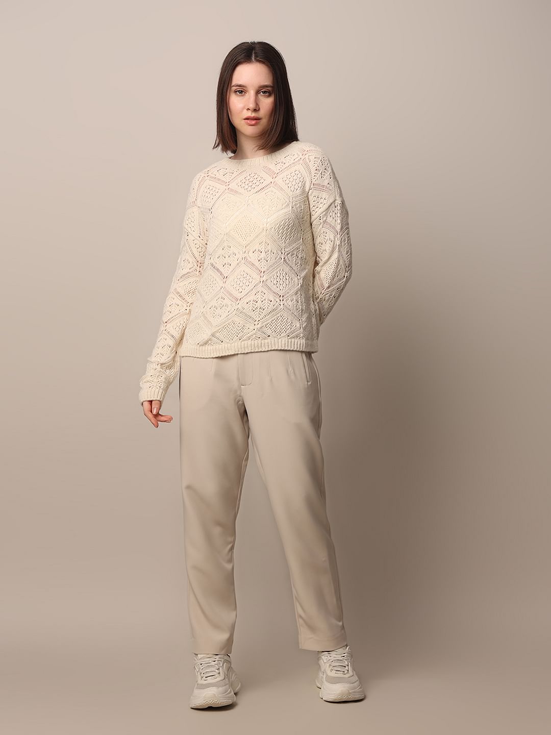 Beige Crochet Knit Pullover