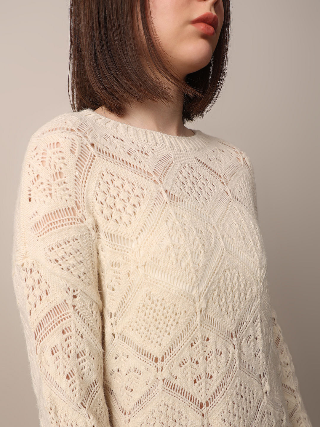 Beige Crochet Knit Pullover
