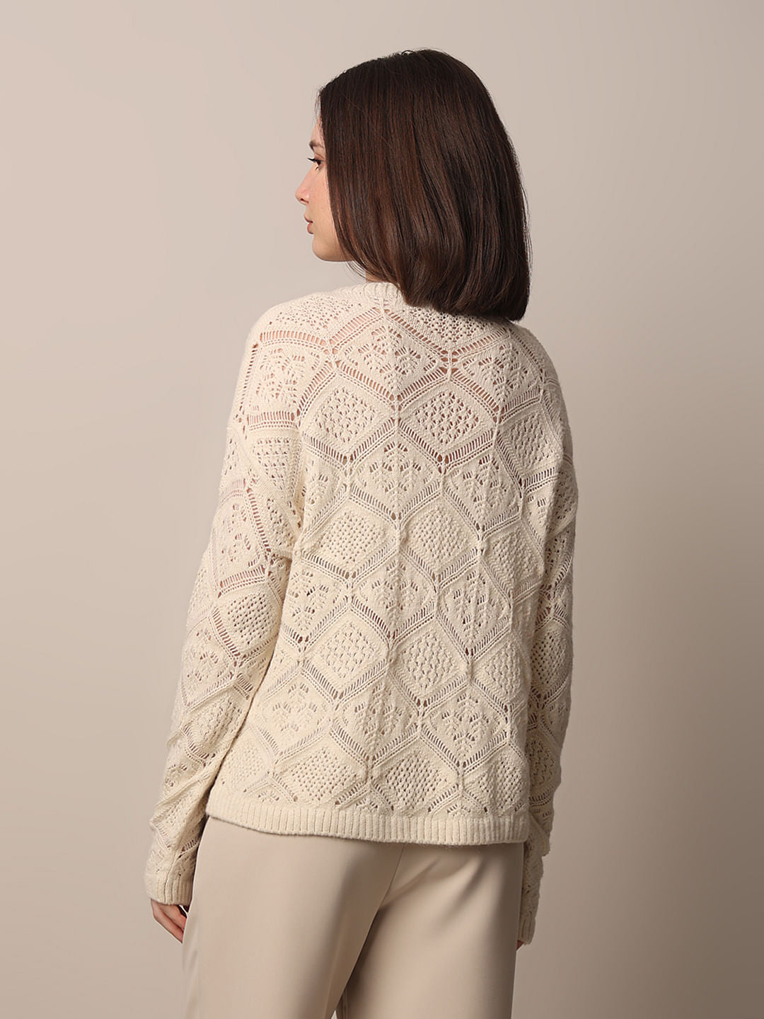 Beige Crochet Knit Pullover