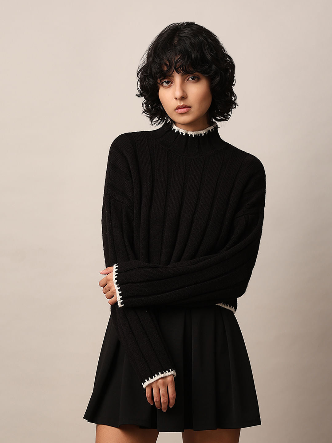 Black Ribbed Boxy Fit Pullover