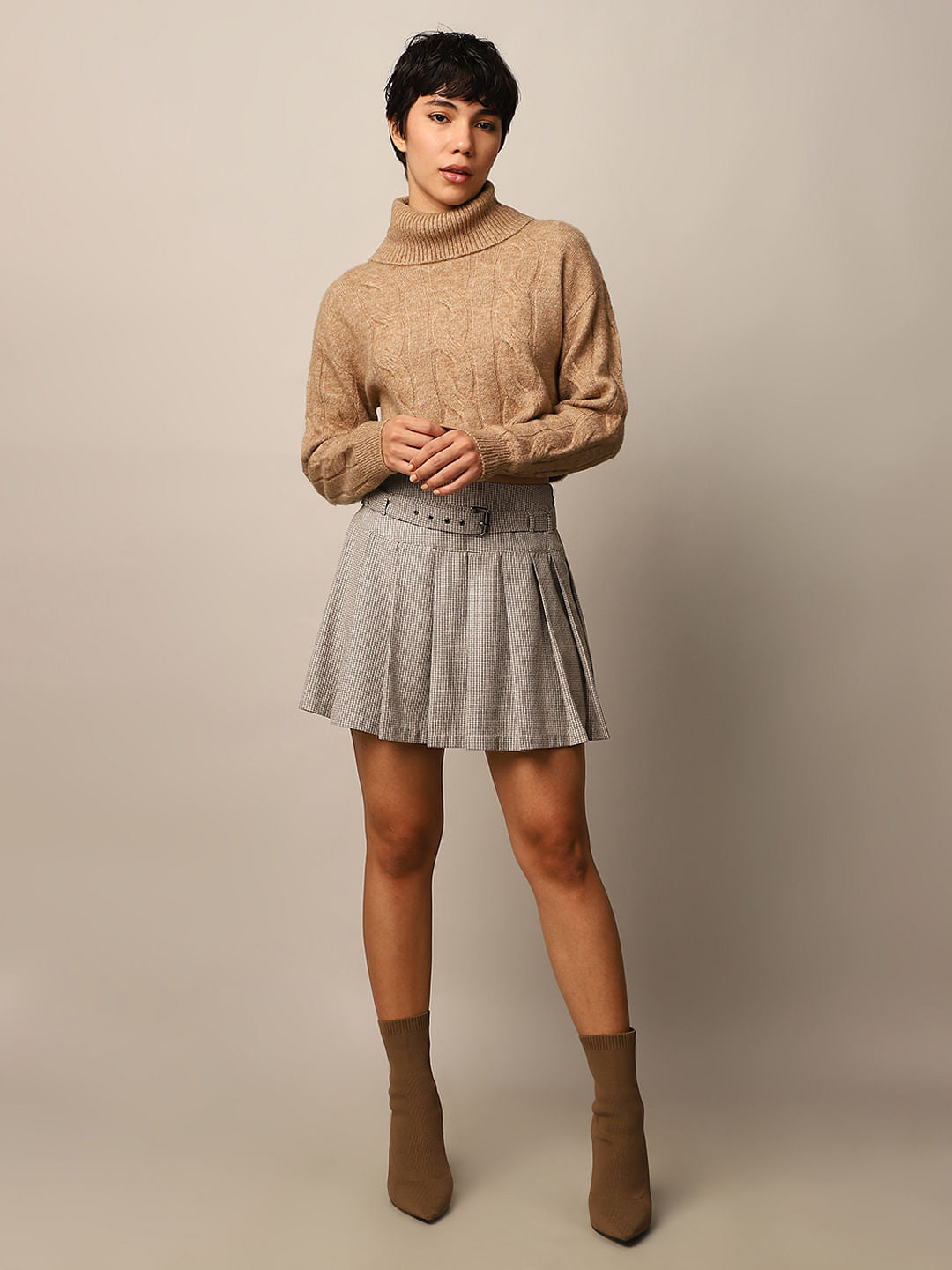 Brown Cable Knit Turtleneck Pullover