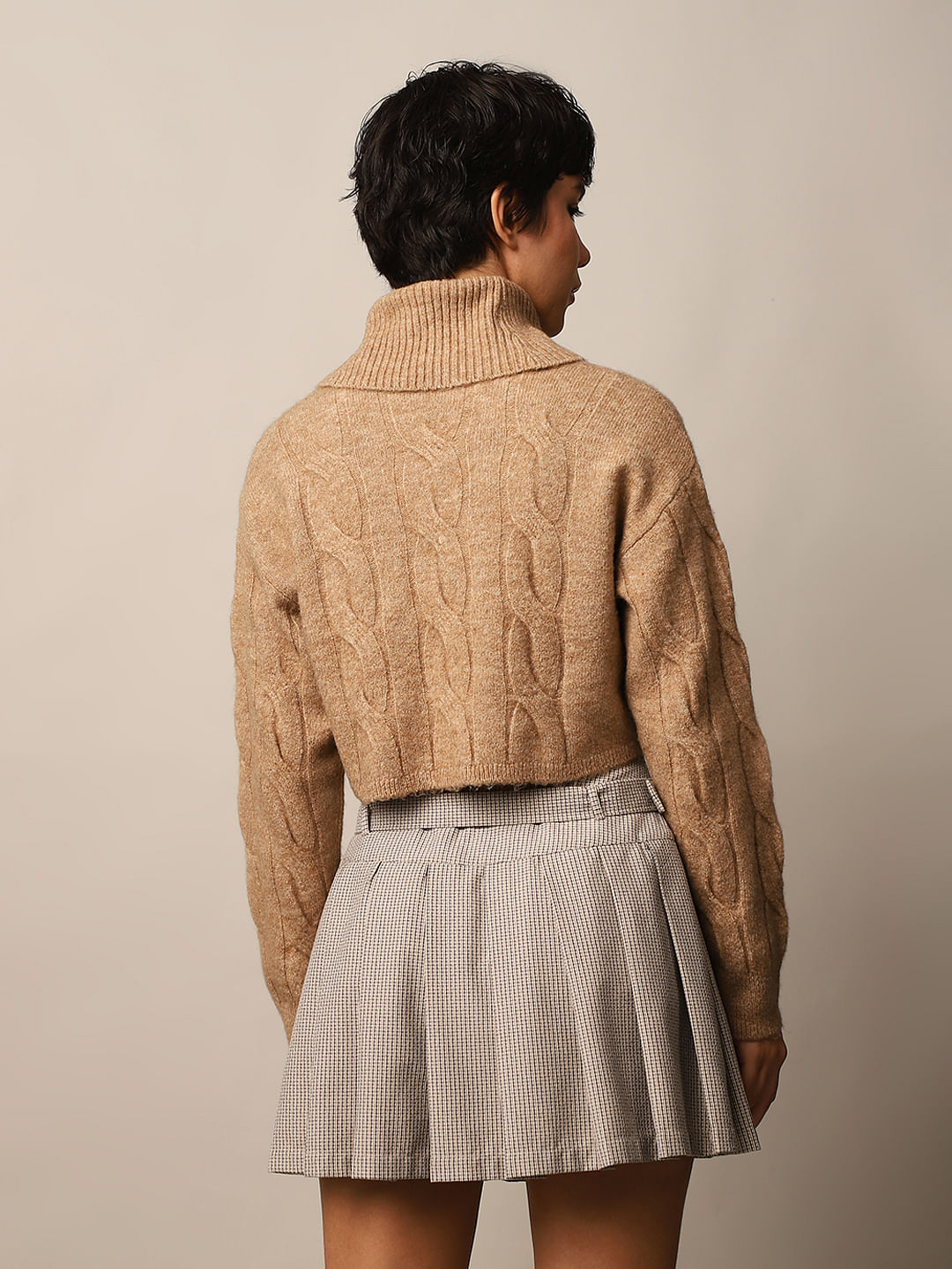 Brown Cable Knit Turtleneck Pullover
