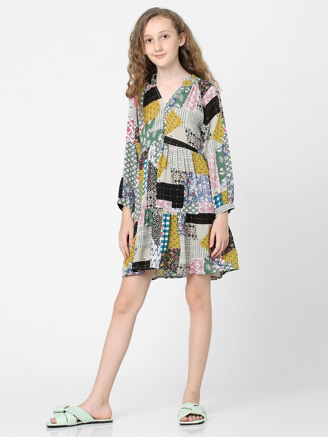 Girls White Patch Print Dress