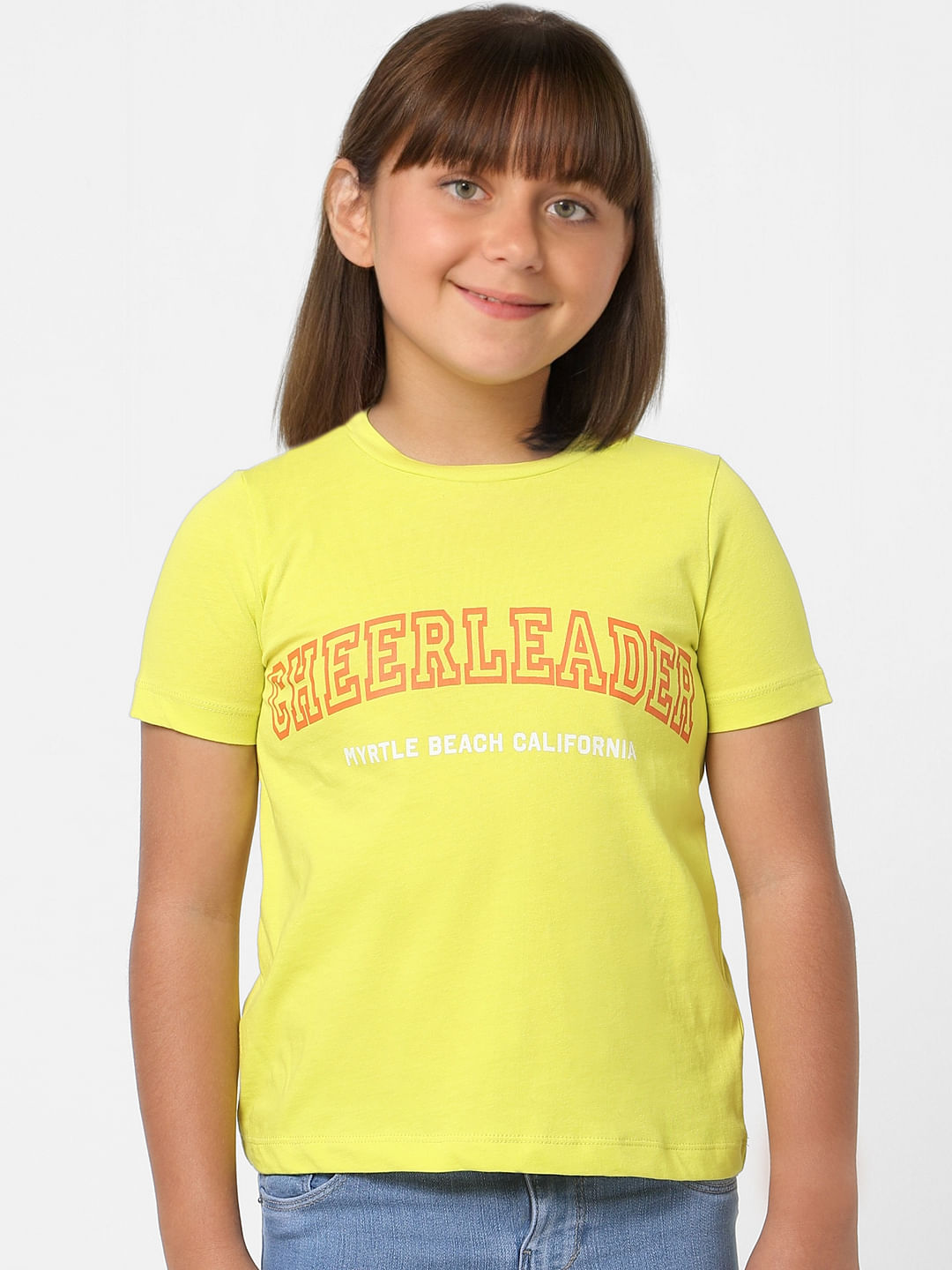 Girls Yellow Text Print T-Shirt