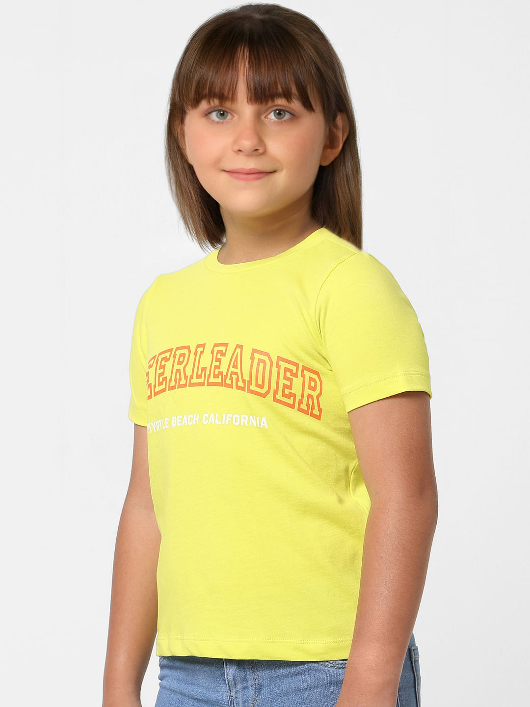 Girls Yellow Text Print T-Shirt