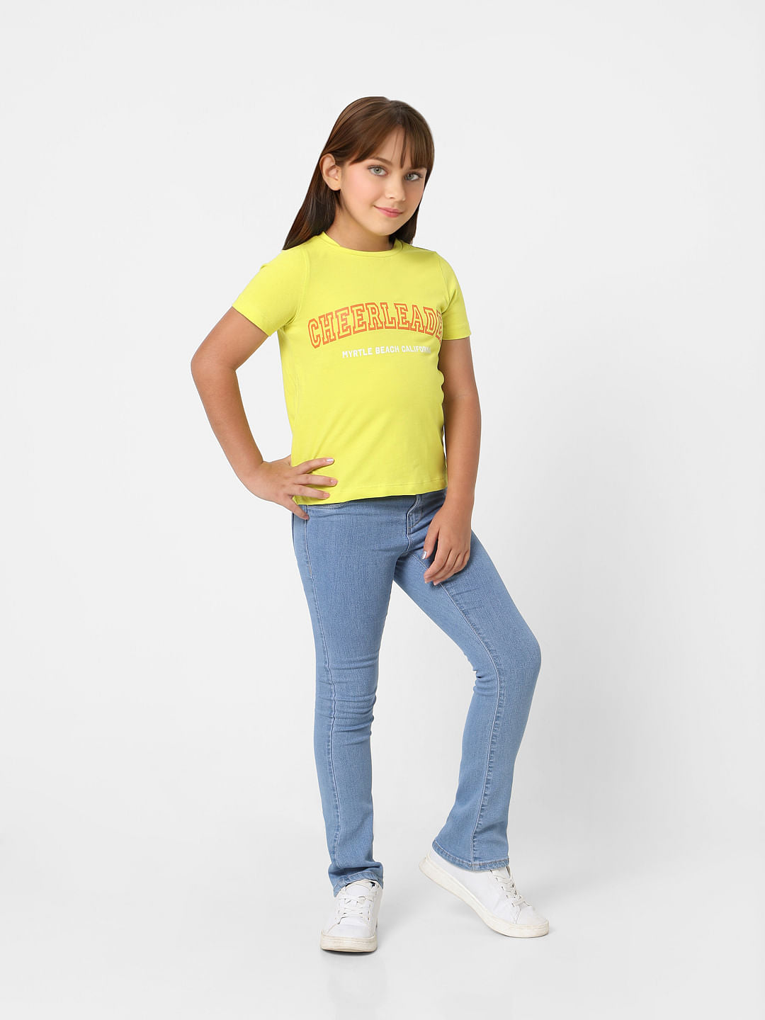 Girls Yellow Text Print T-Shirt