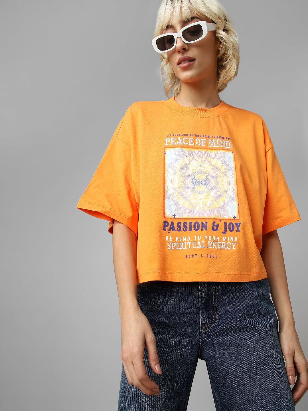 Orange Graphic Print Cropped T-Shirt