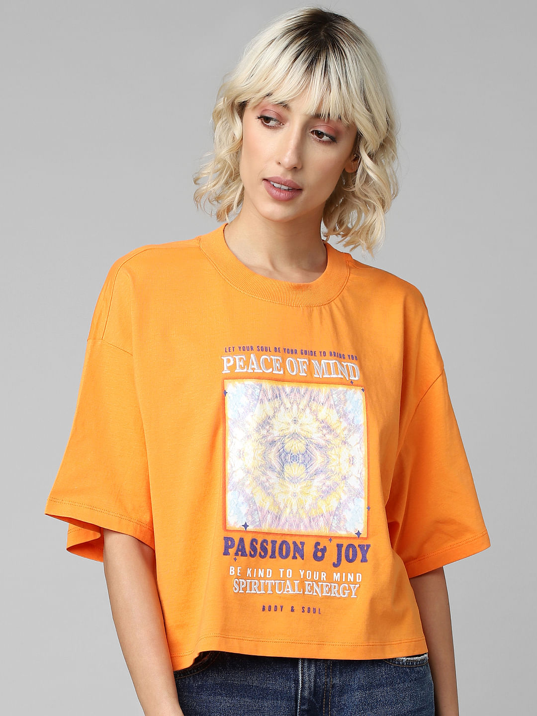 Orange Graphic Print Cropped T-Shirt