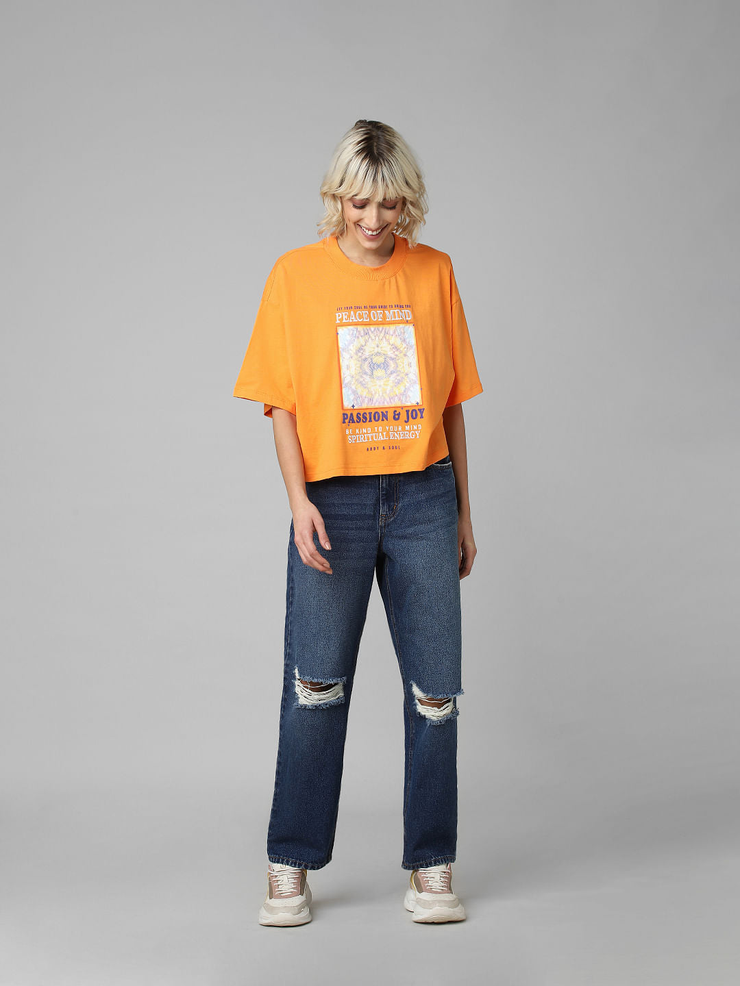 Orange Graphic Print Cropped T-Shirt