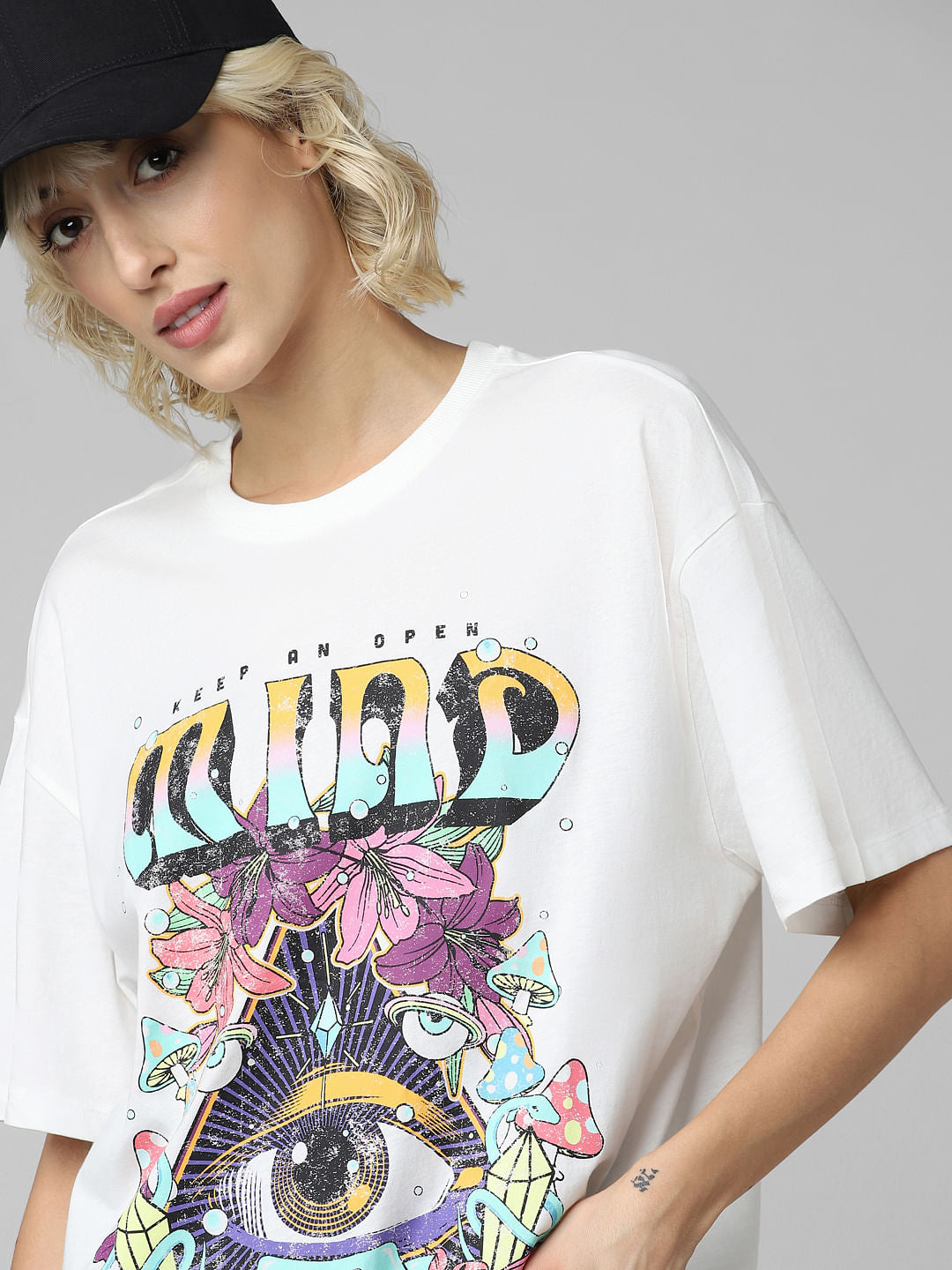 White Graphic Print Oversized T-Shirt
