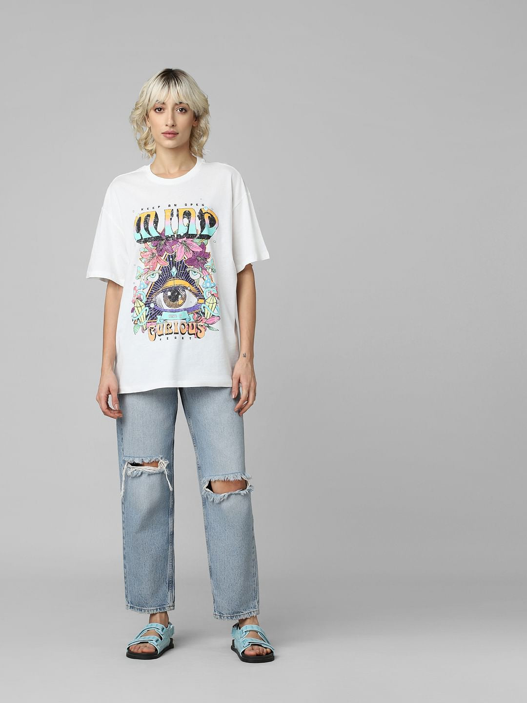 White Graphic Print Oversized T-Shirt