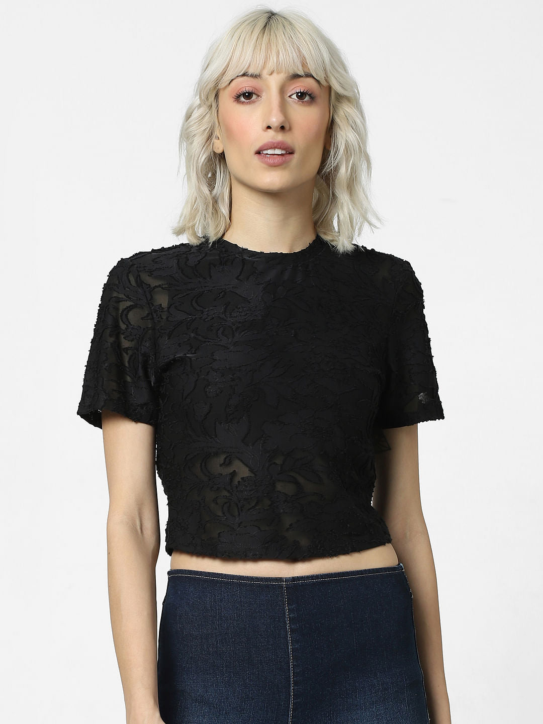Black Textured Cropped Top