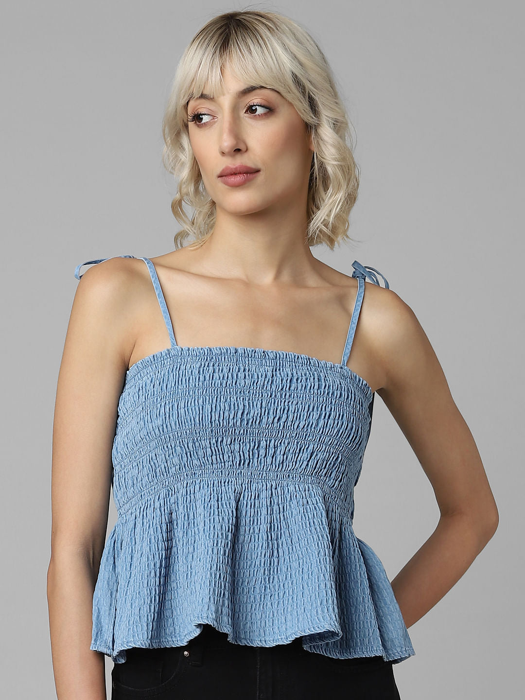 Blue Smocked Denim Top