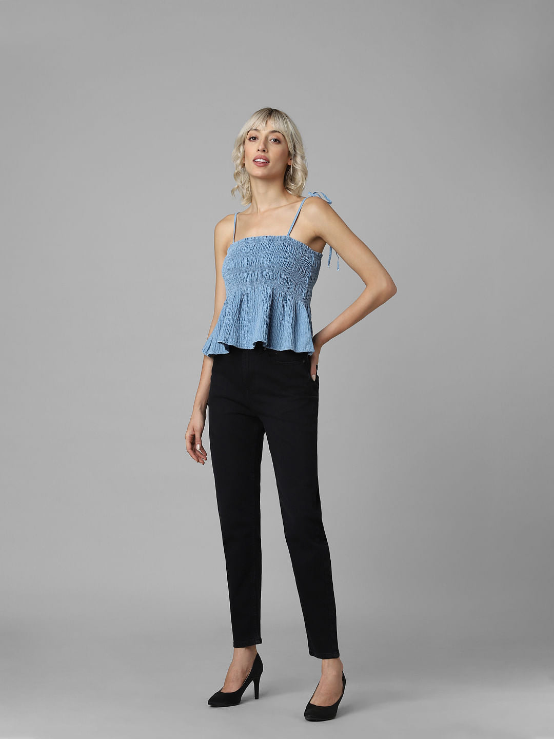 Blue Smocked Denim Top