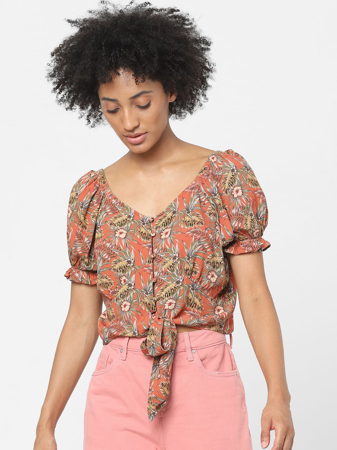 Brown Tropical Print Tie Up Crop Top
