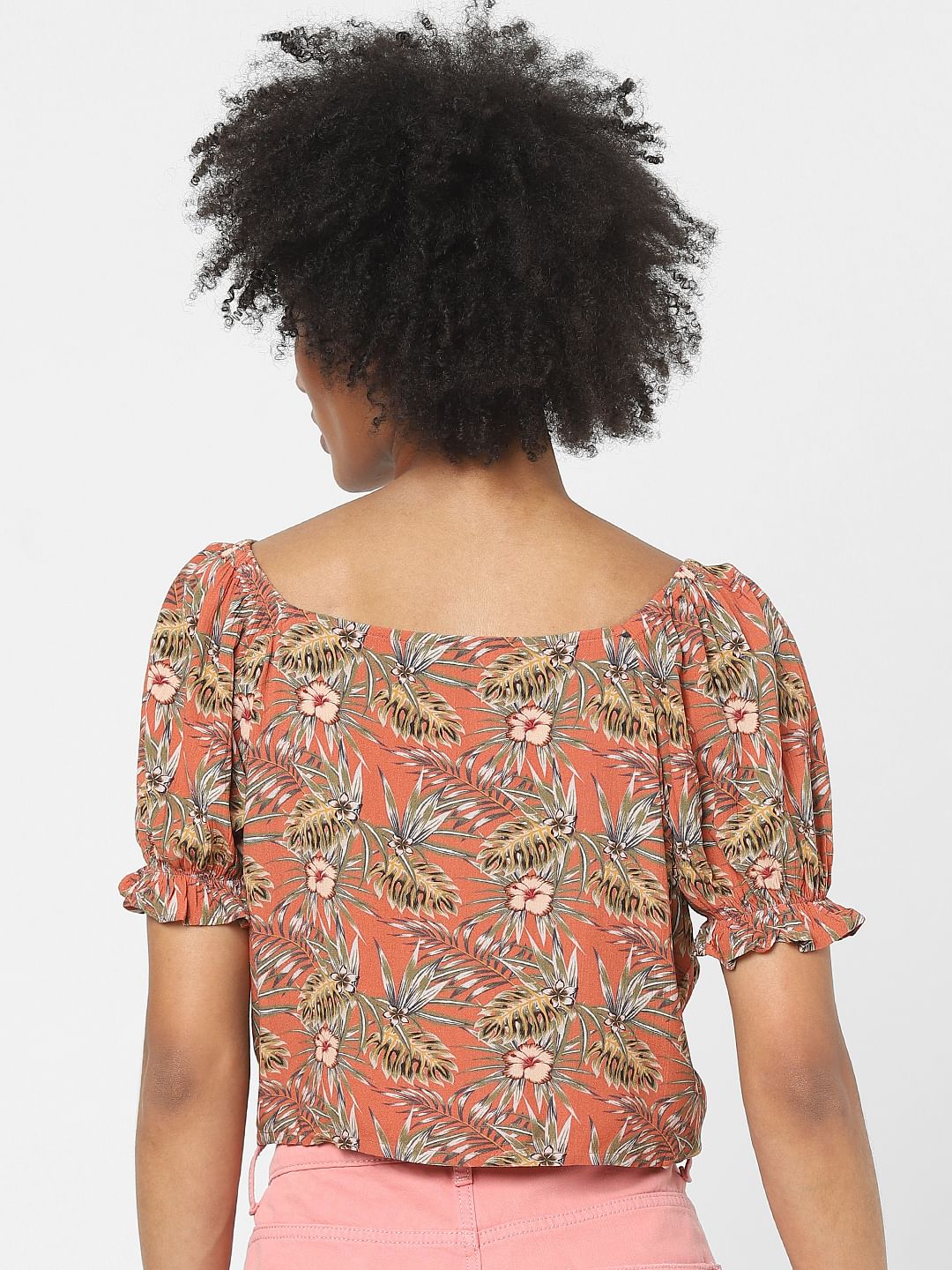 Brown Tropical Print Tie Up Crop Top