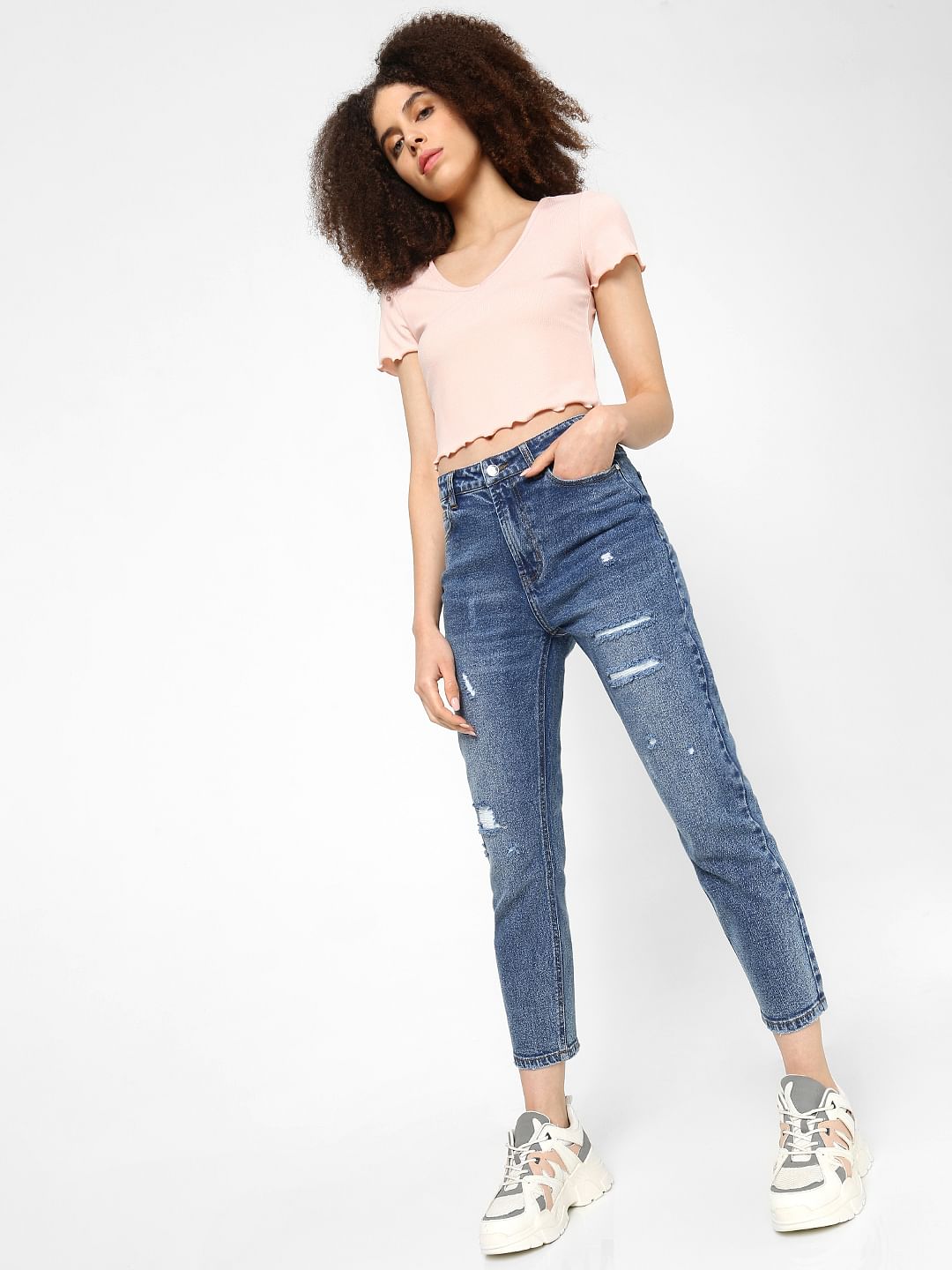 Blue High Rise Straight Torn Jeans