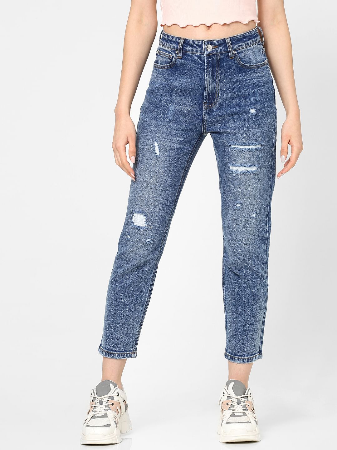 Blue High Rise Straight Torn Jeans