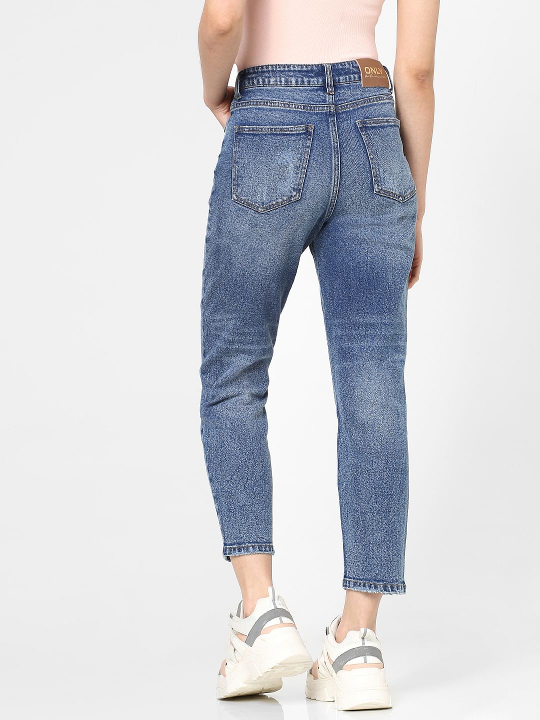 Blue High Rise Straight Torn Jeans