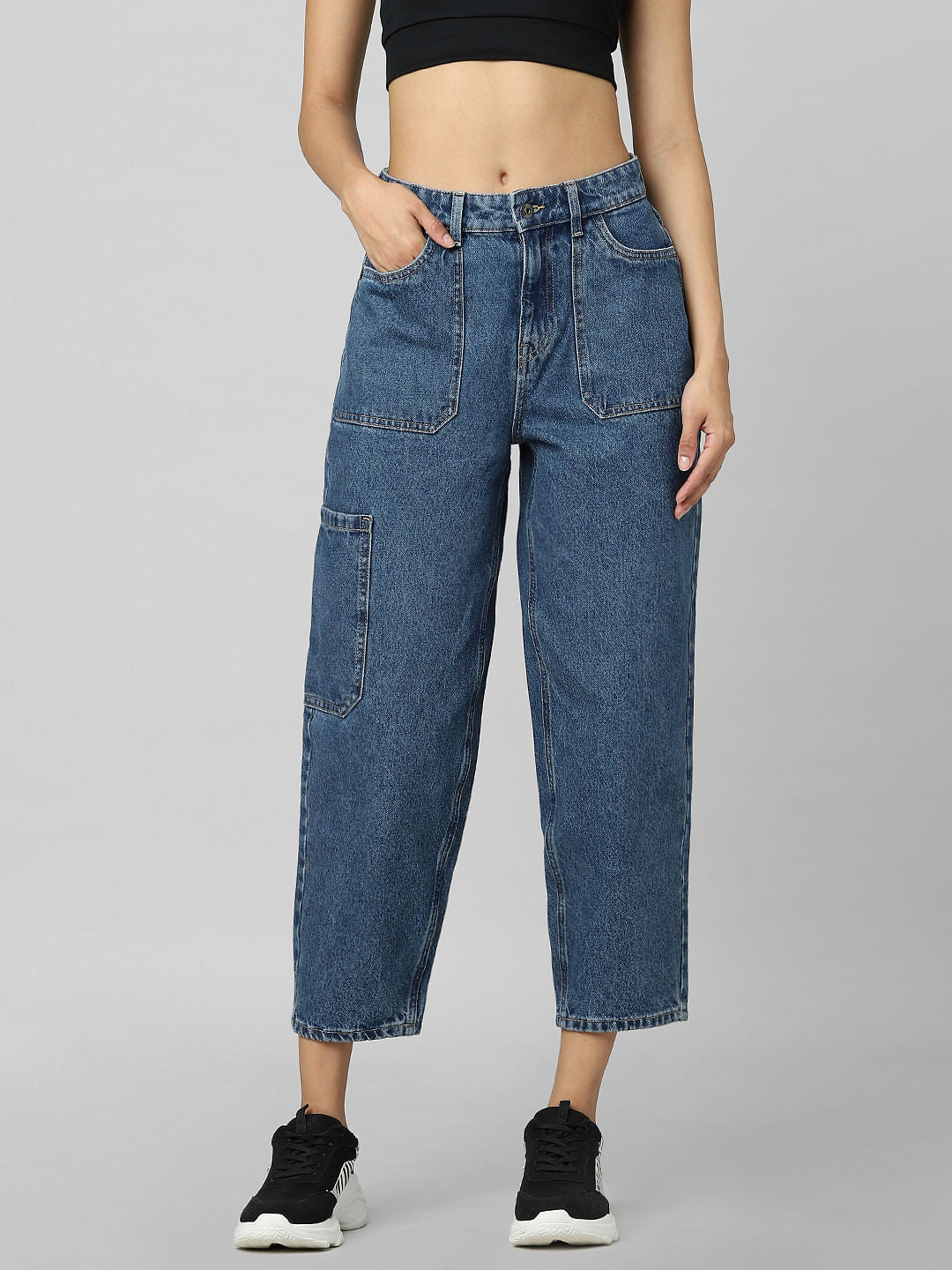 Blue Mid Rise Balloon Fit Cargo Jeans
