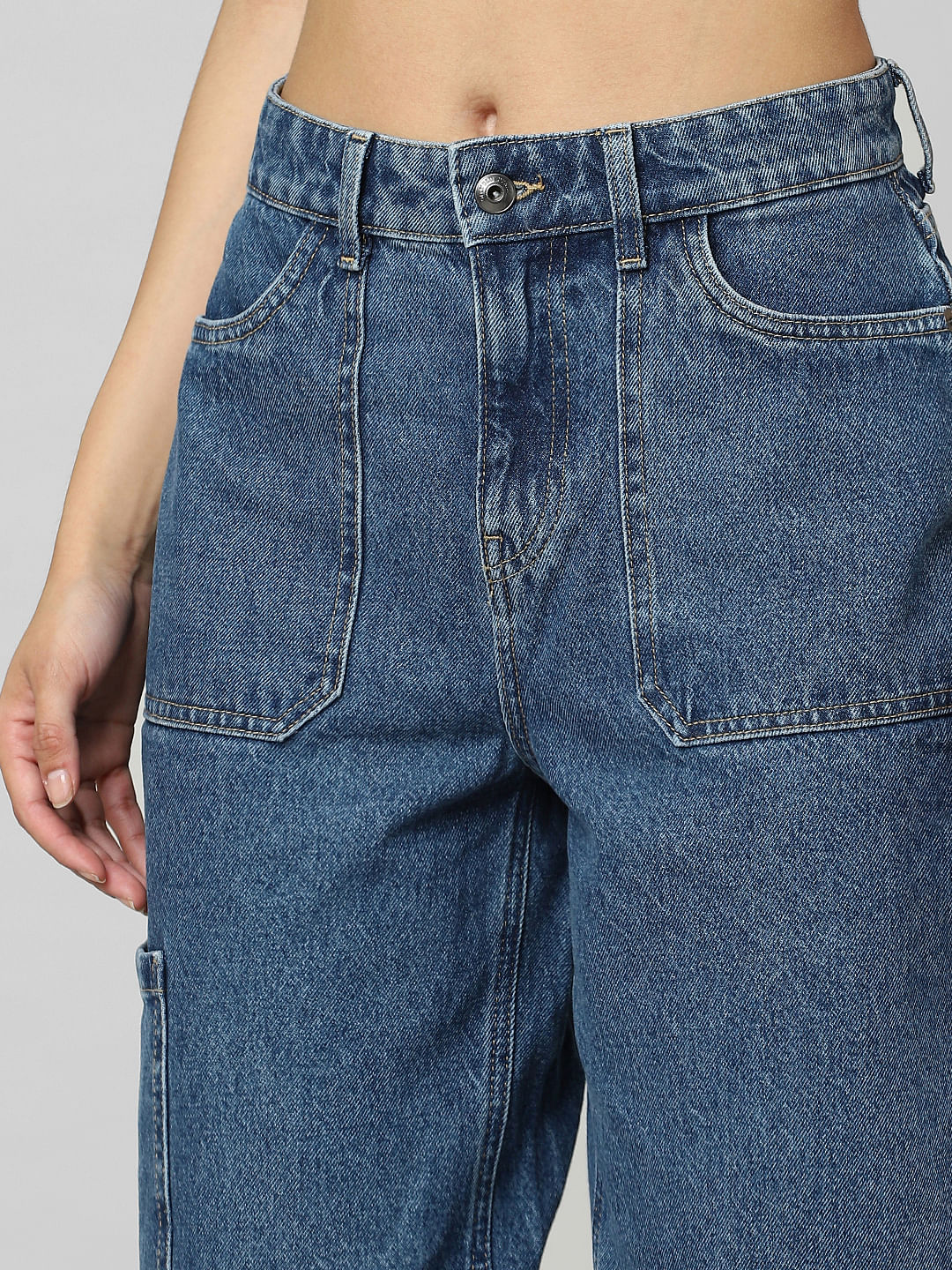 Blue Mid Rise Balloon Fit Cargo Jeans