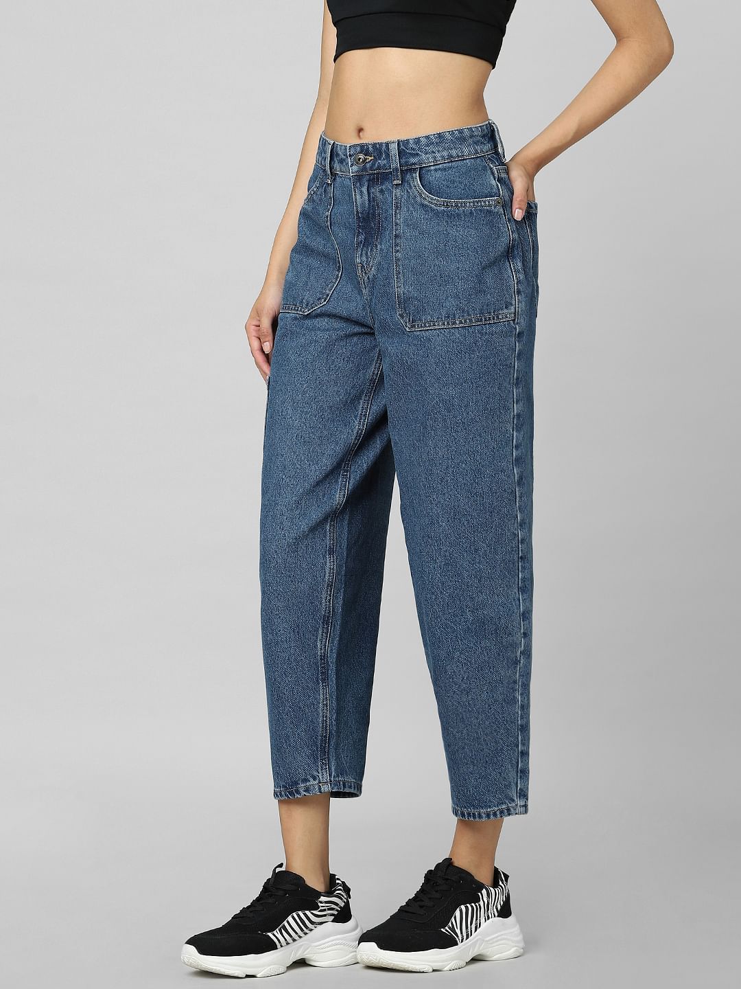 Blue Mid Rise Balloon Fit Cargo Jeans
