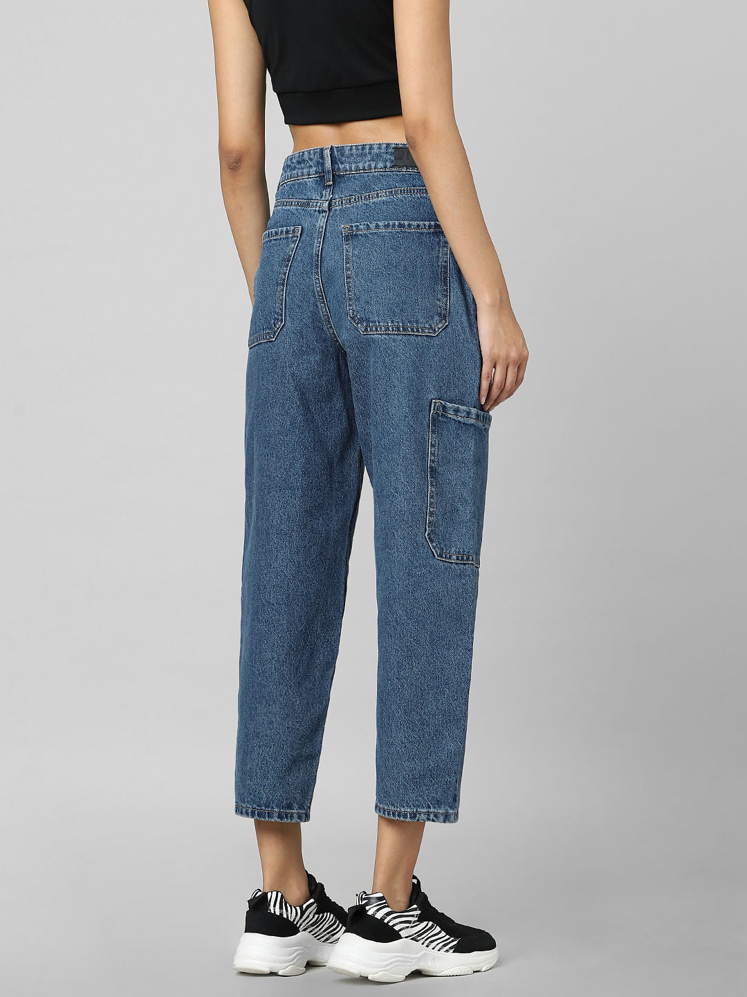 Blue Mid Rise Balloon Fit Cargo Jeans