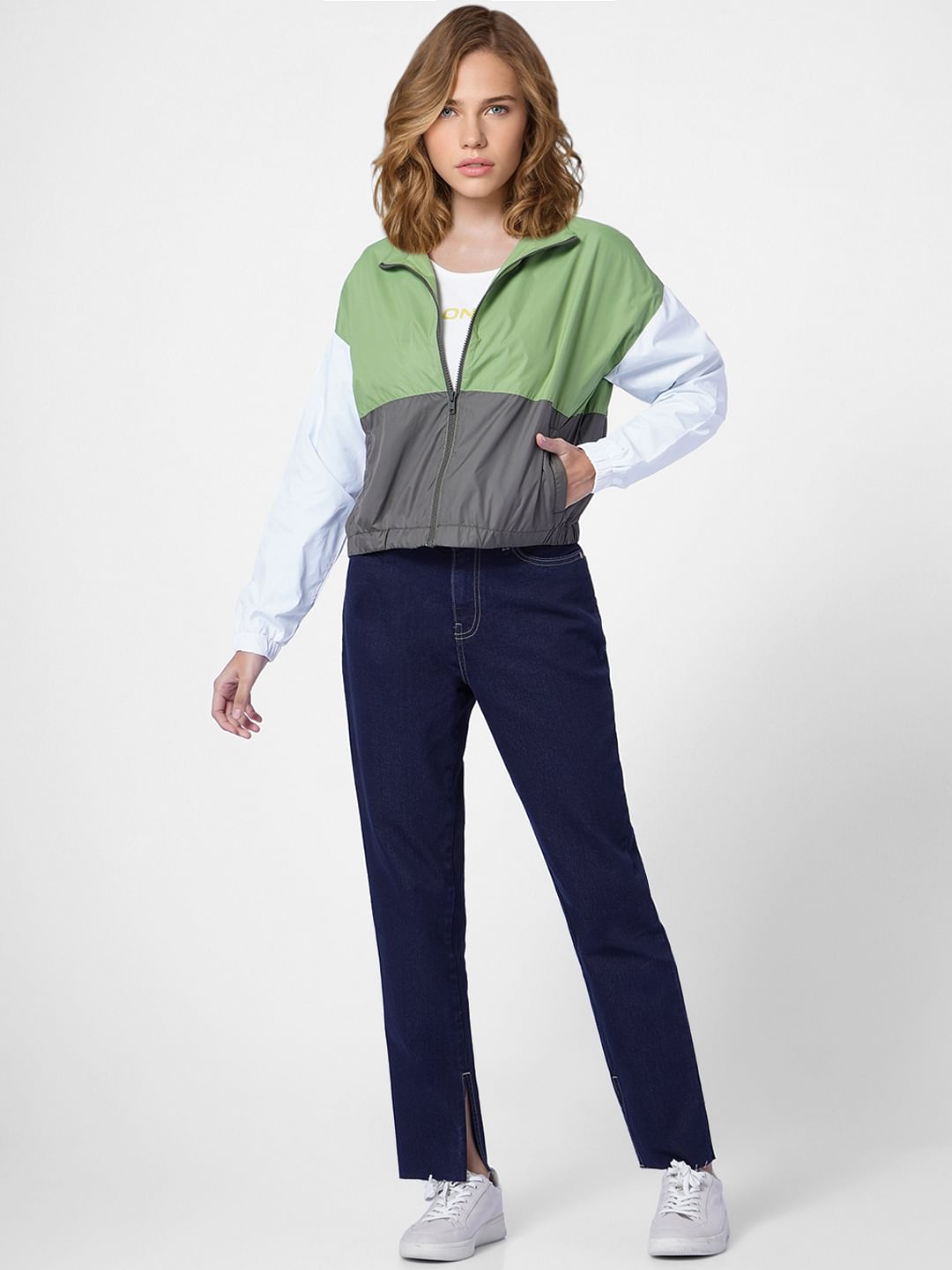 Green Colourblocked Bomber Jacket