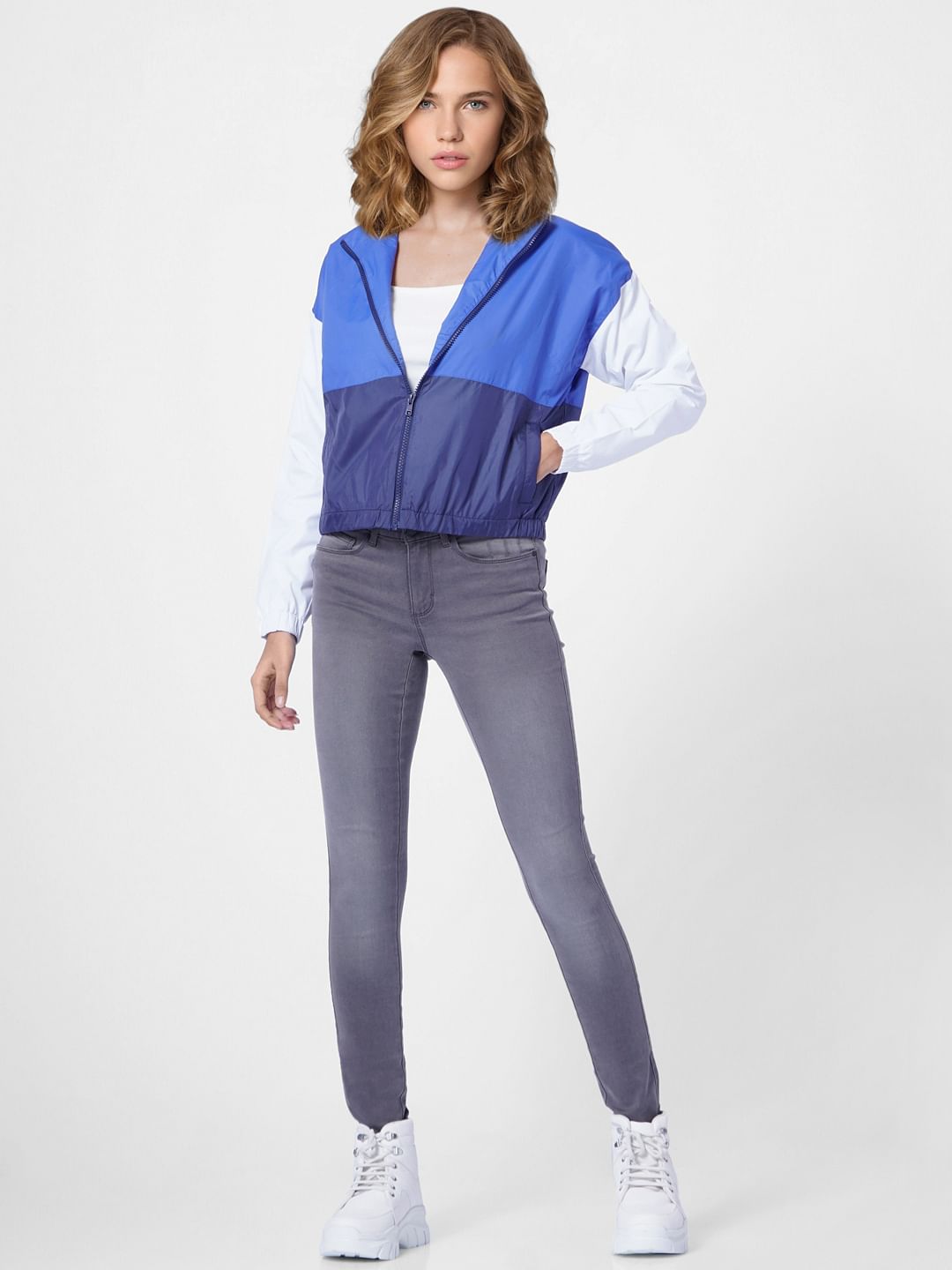 Blue Colourblocked Bomber Jacket
