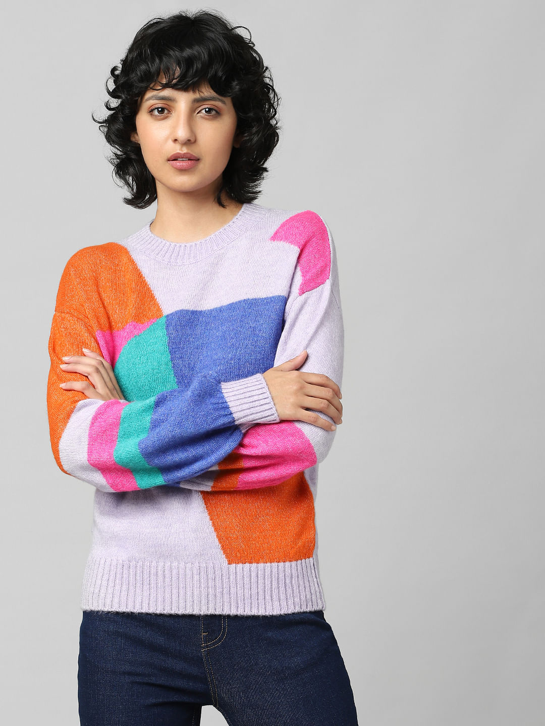 Purple Colourblocked Jacquard Pullover