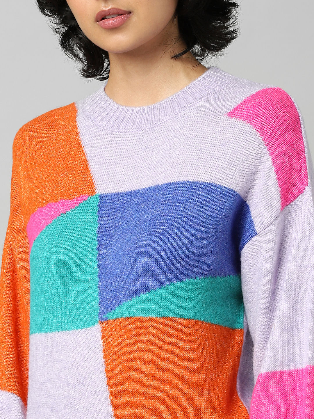 Purple Colourblocked Jacquard Pullover