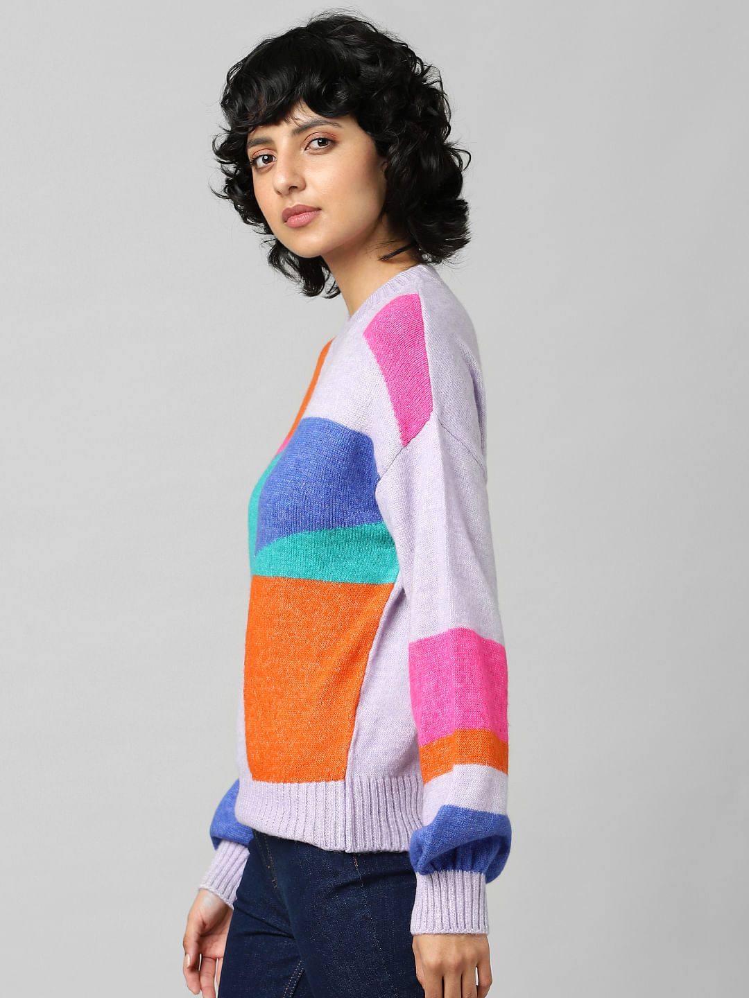 Purple Colourblocked Jacquard Pullover
