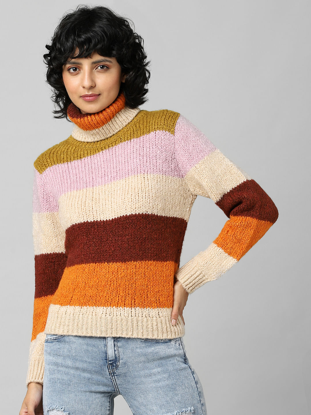 Brown Striped Roll Neck Pullover