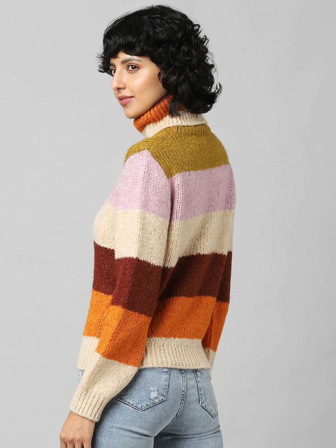 Brown Striped Roll Neck Pullover