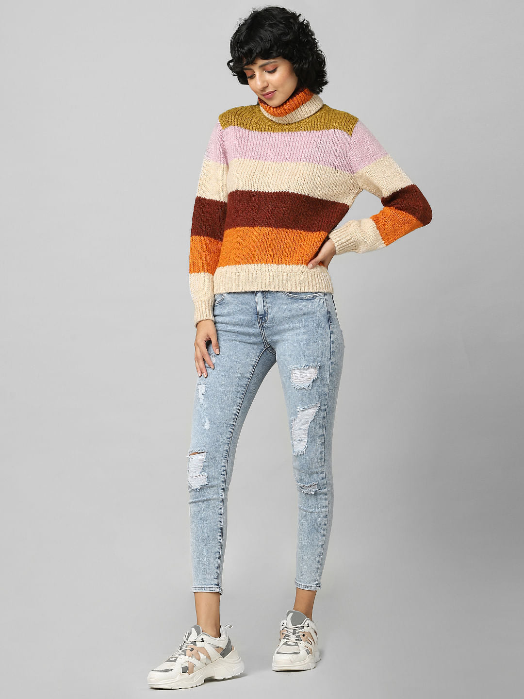 Brown Striped Roll Neck Pullover