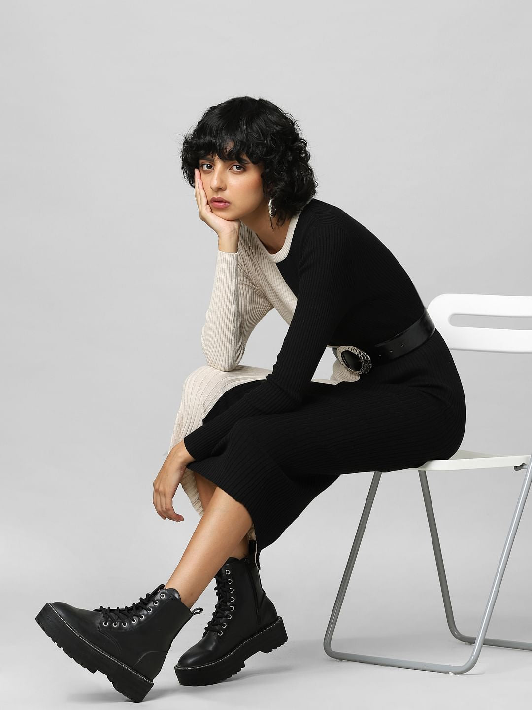 Beige Colourblocked Midi Dress