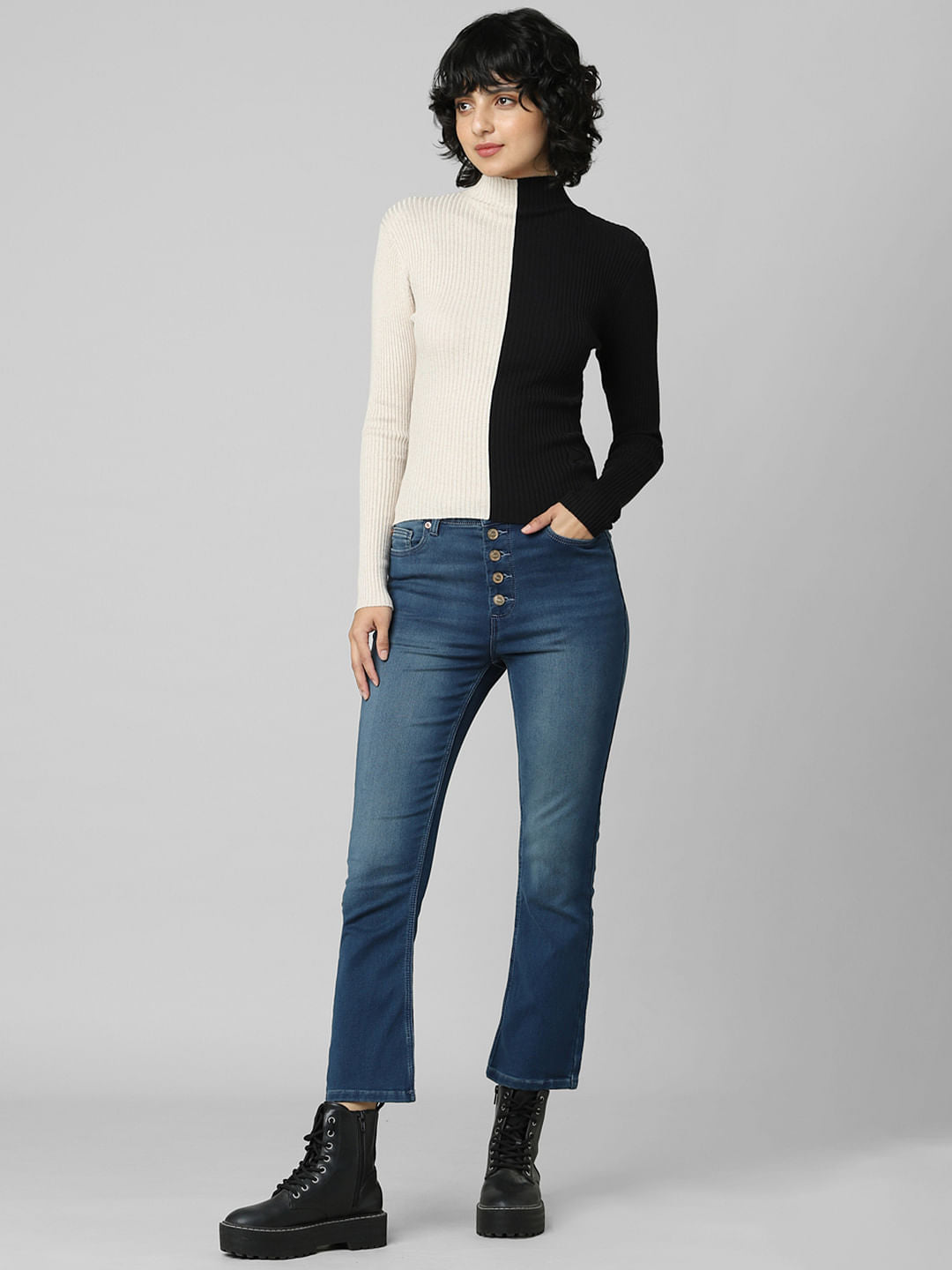 Beige Colourblocked High Neck Pullover