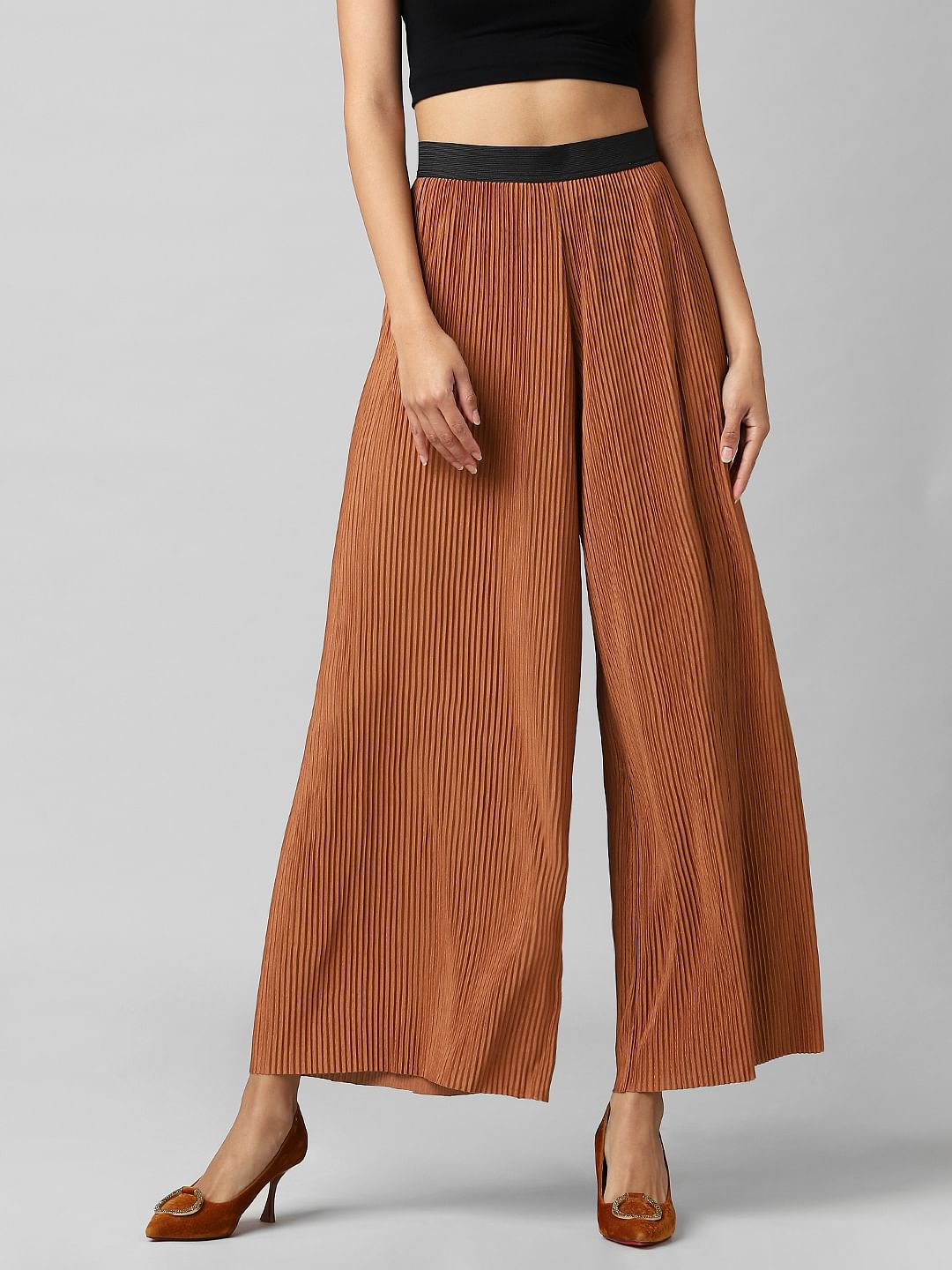 Brown High Rise Pleated Wide Leg Pant