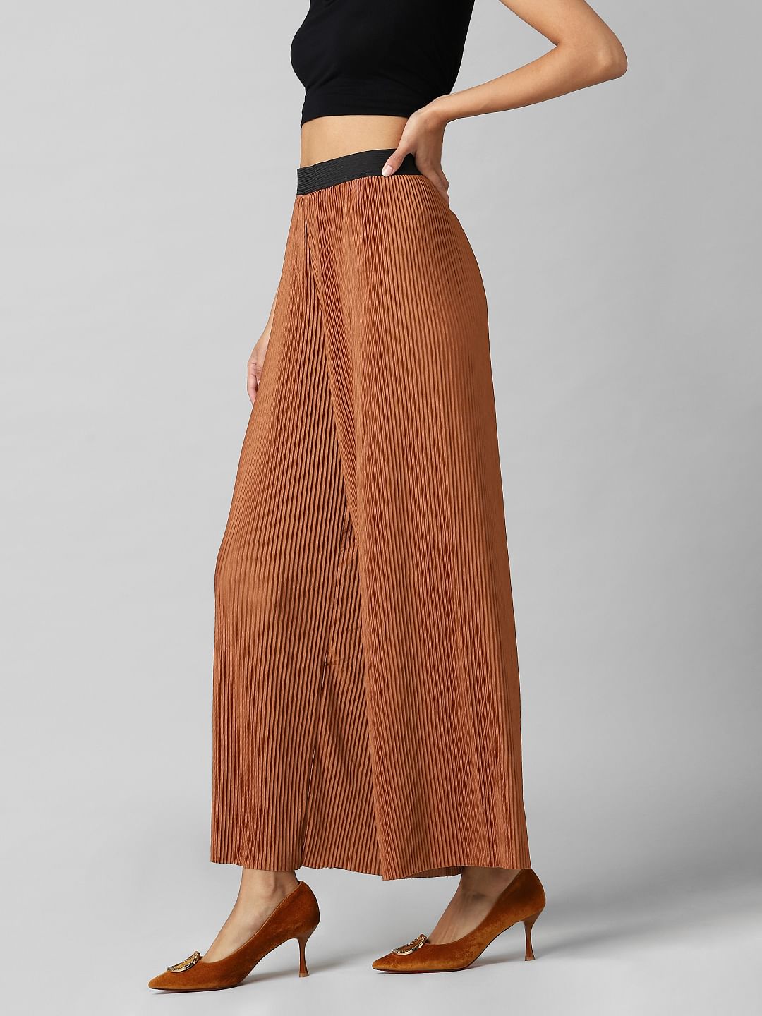 Brown High Rise Pleated Wide Leg Pant