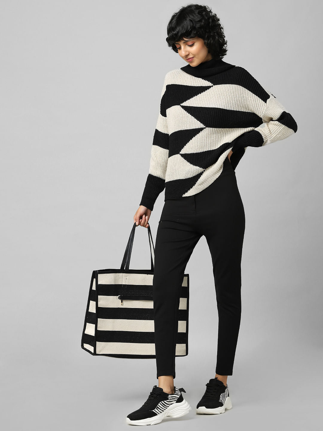Black Colourblocked Roll Neck Pullover