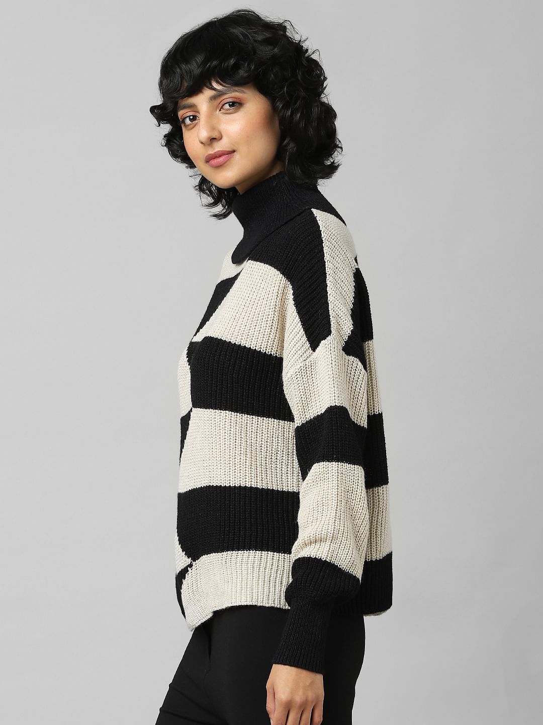 Black Colourblocked Roll Neck Pullover