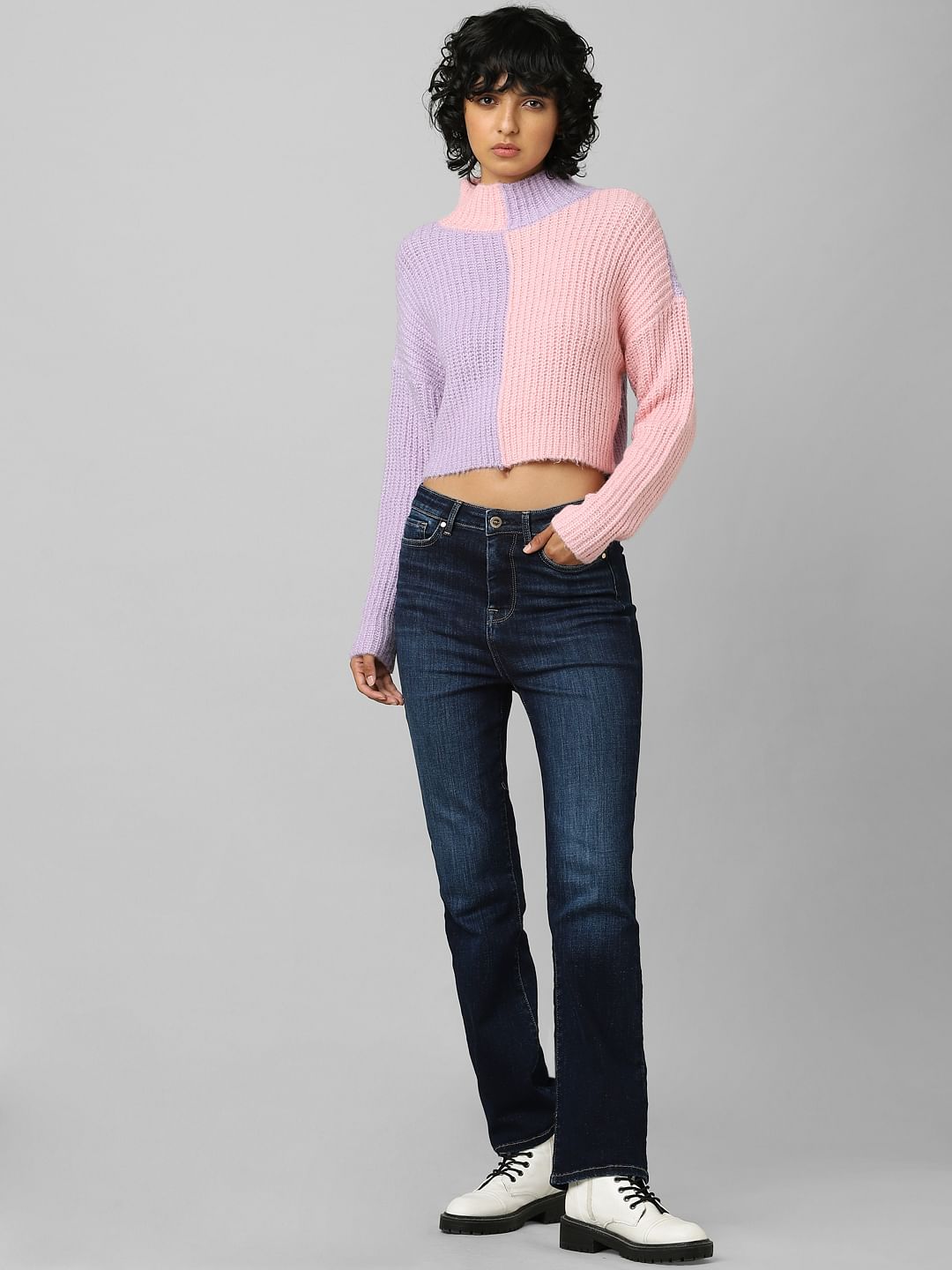 Purple Colourblocked High Neck Pullover