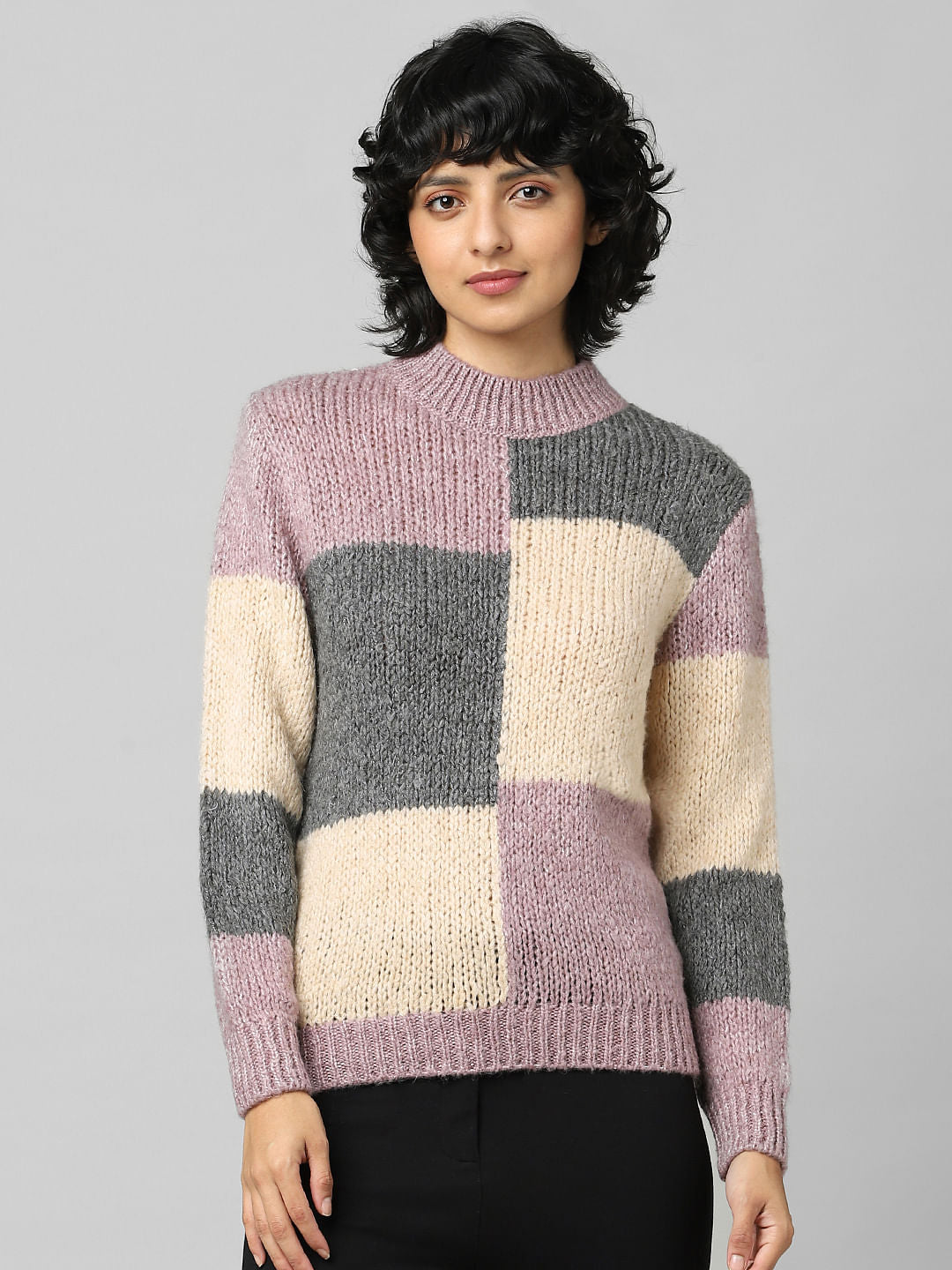 Pink Colourblocked Jacquard Pullover
