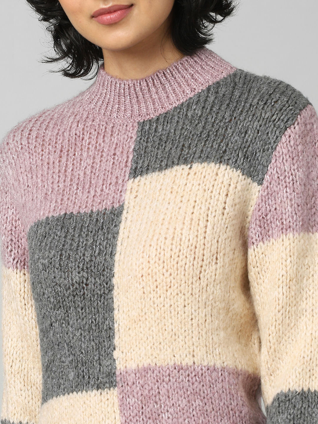 Pink Colourblocked Jacquard Pullover