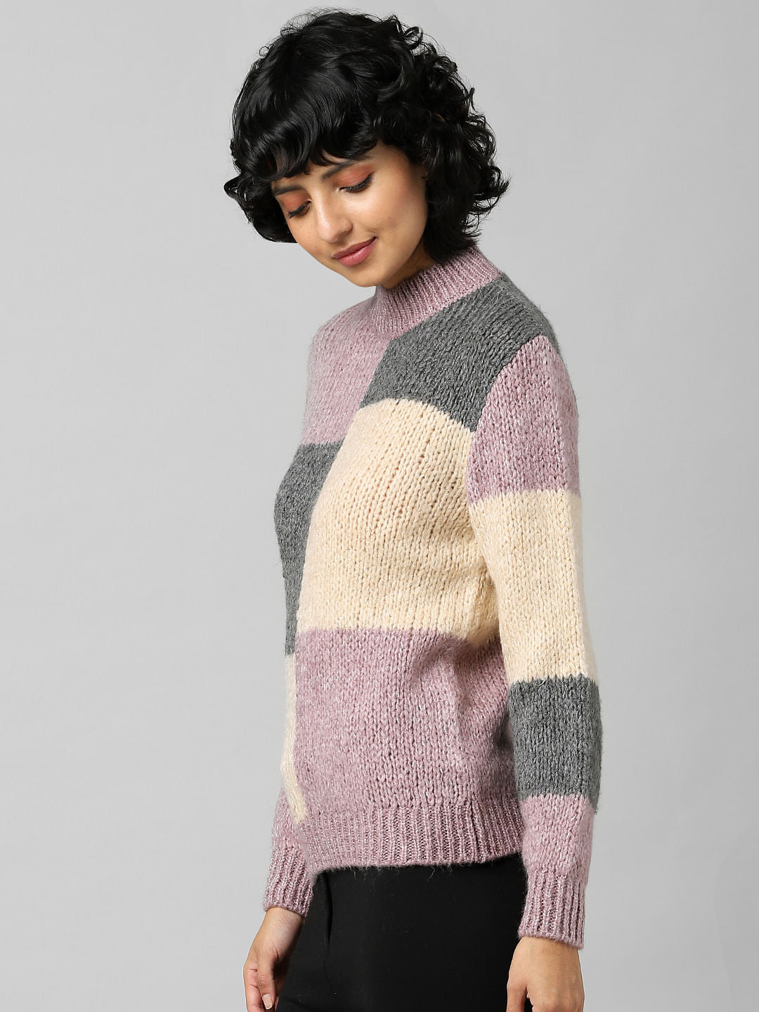 Pink Colourblocked Jacquard Pullover
