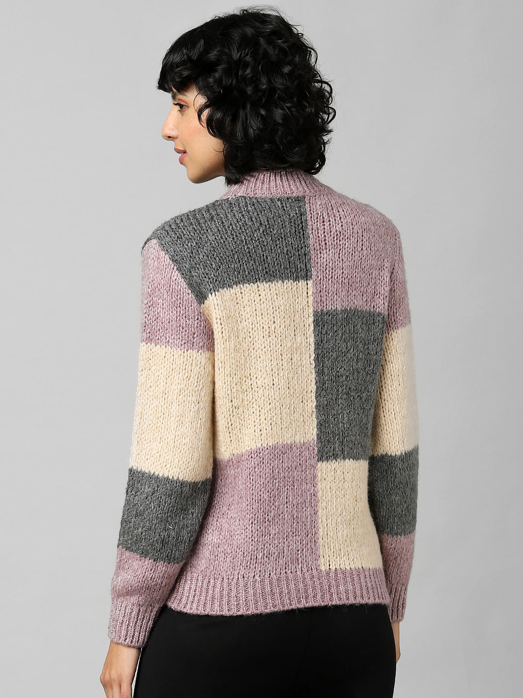 Pink Colourblocked Jacquard Pullover
