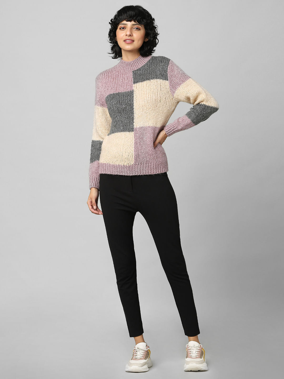 Pink Colourblocked Jacquard Pullover